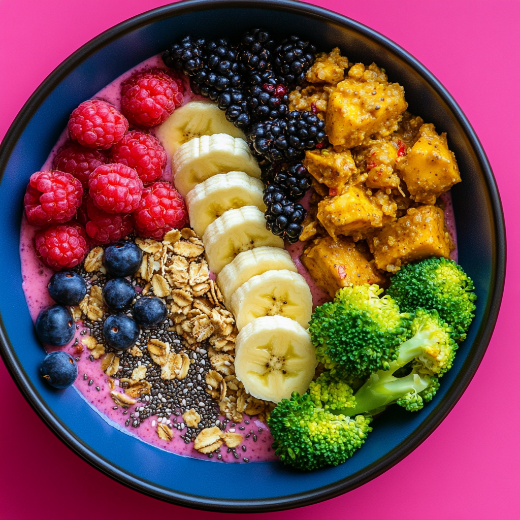 Colorful smoothie bowl with toppings.