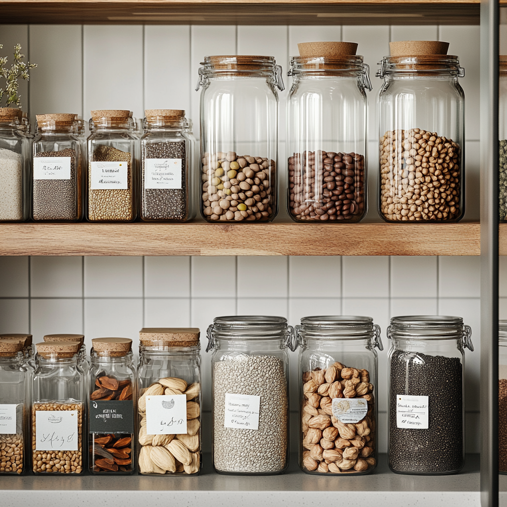 Glass jars with labeled ingredients.