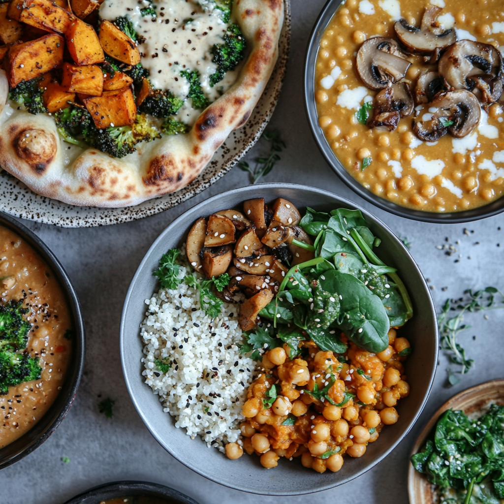 Assorted vegan bowls and dishes.