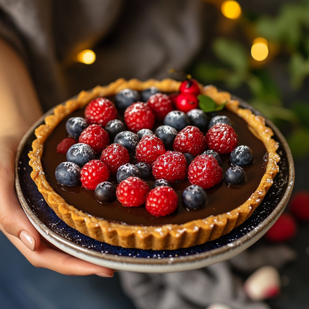 Chocolate tart topped with berries.