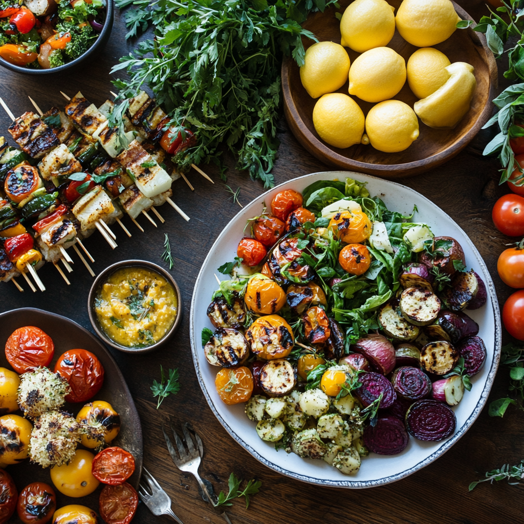 Colorful grilled vegetable salad platter.