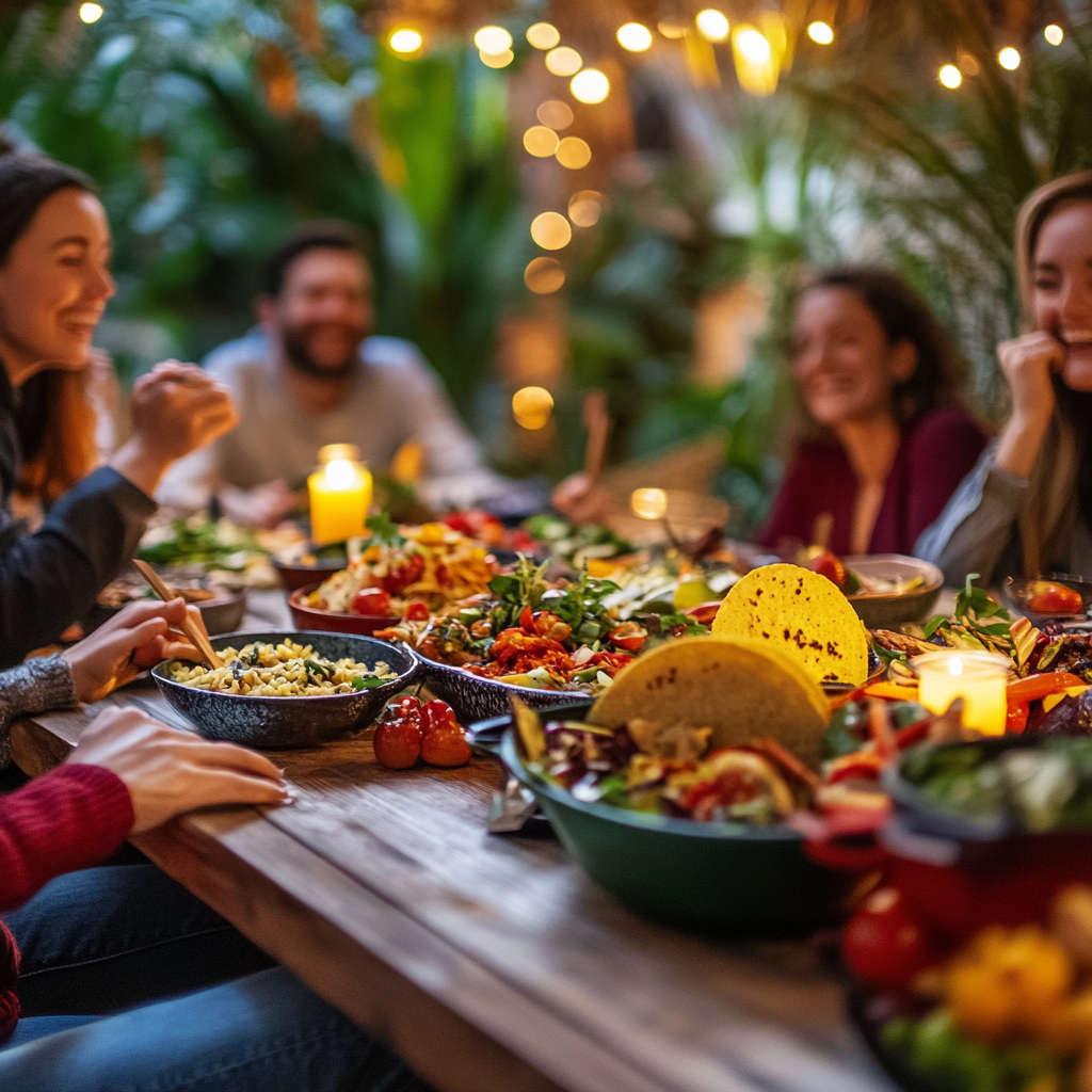 Friends enjoying festive outdoor dinner