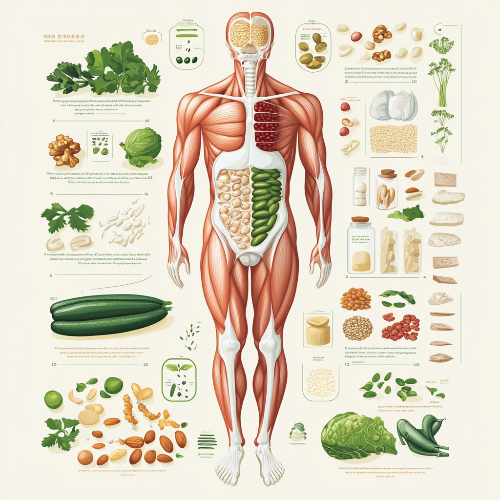 Human anatomy with nutritional sources