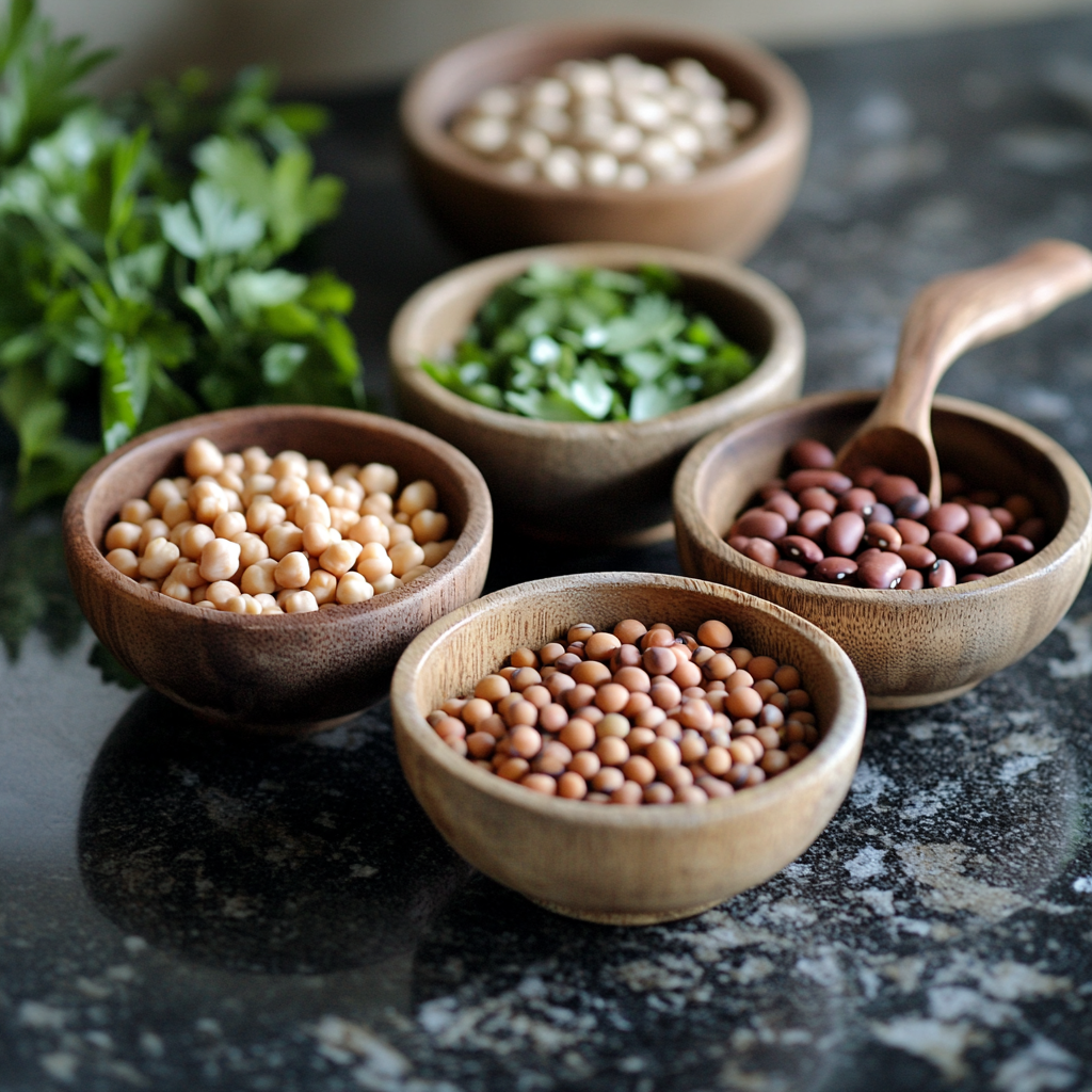 Assorted legumes in wooden bowls