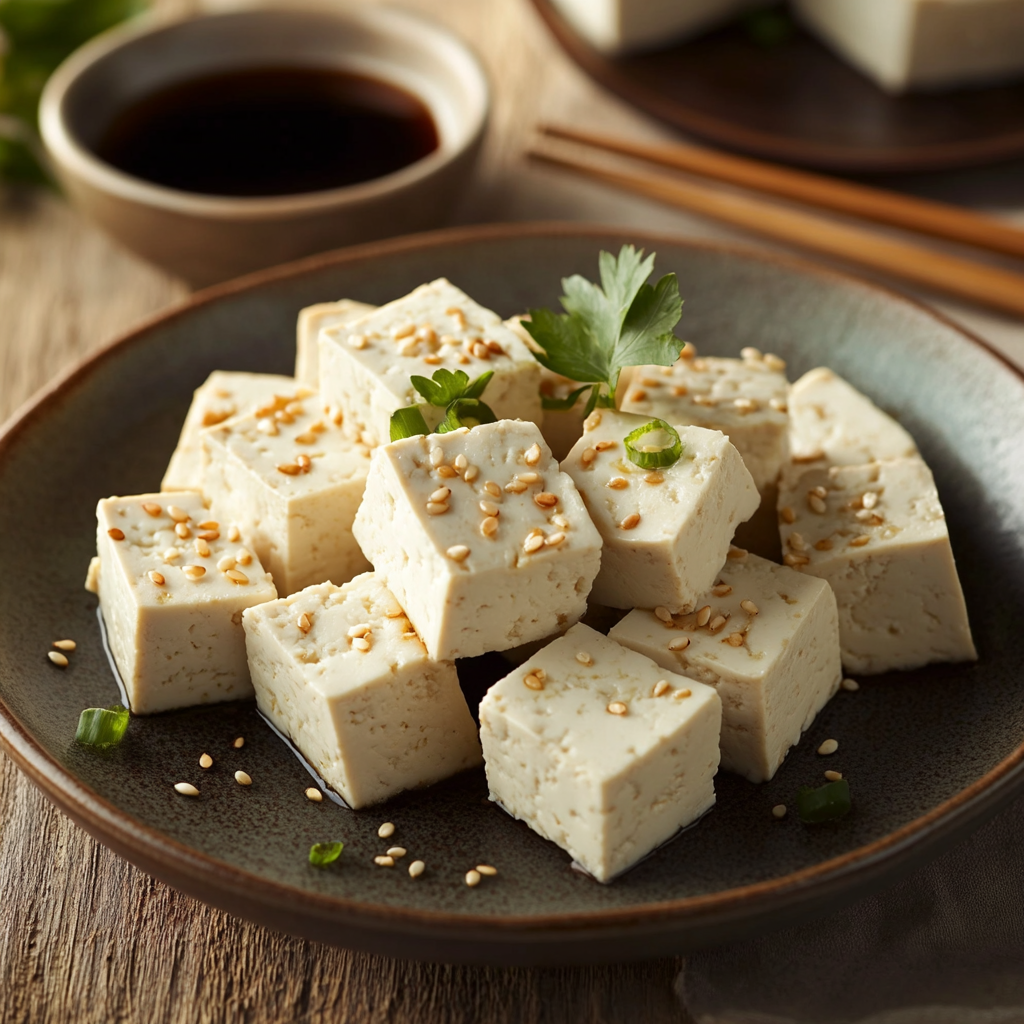 Fresh tofu cubes with garnishes