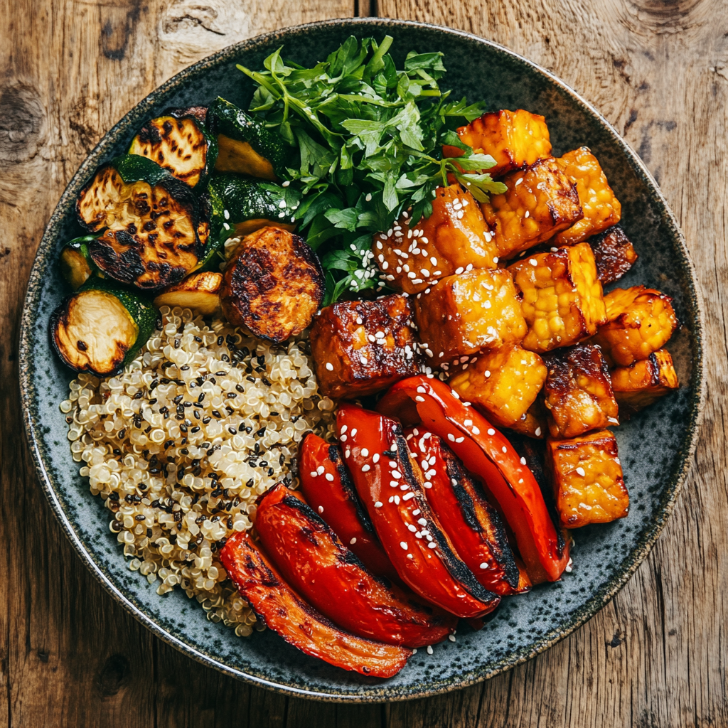 Vegan bowl with tempeh, quinoa