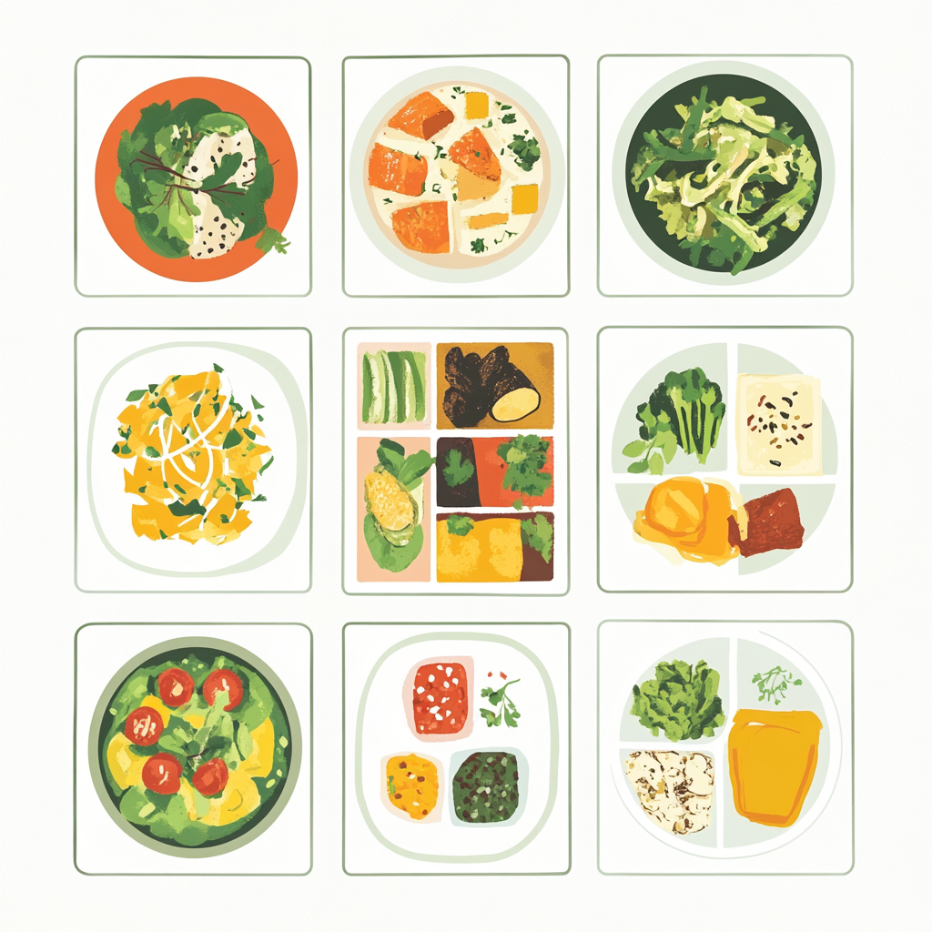 Illustrated plates of balanced meals