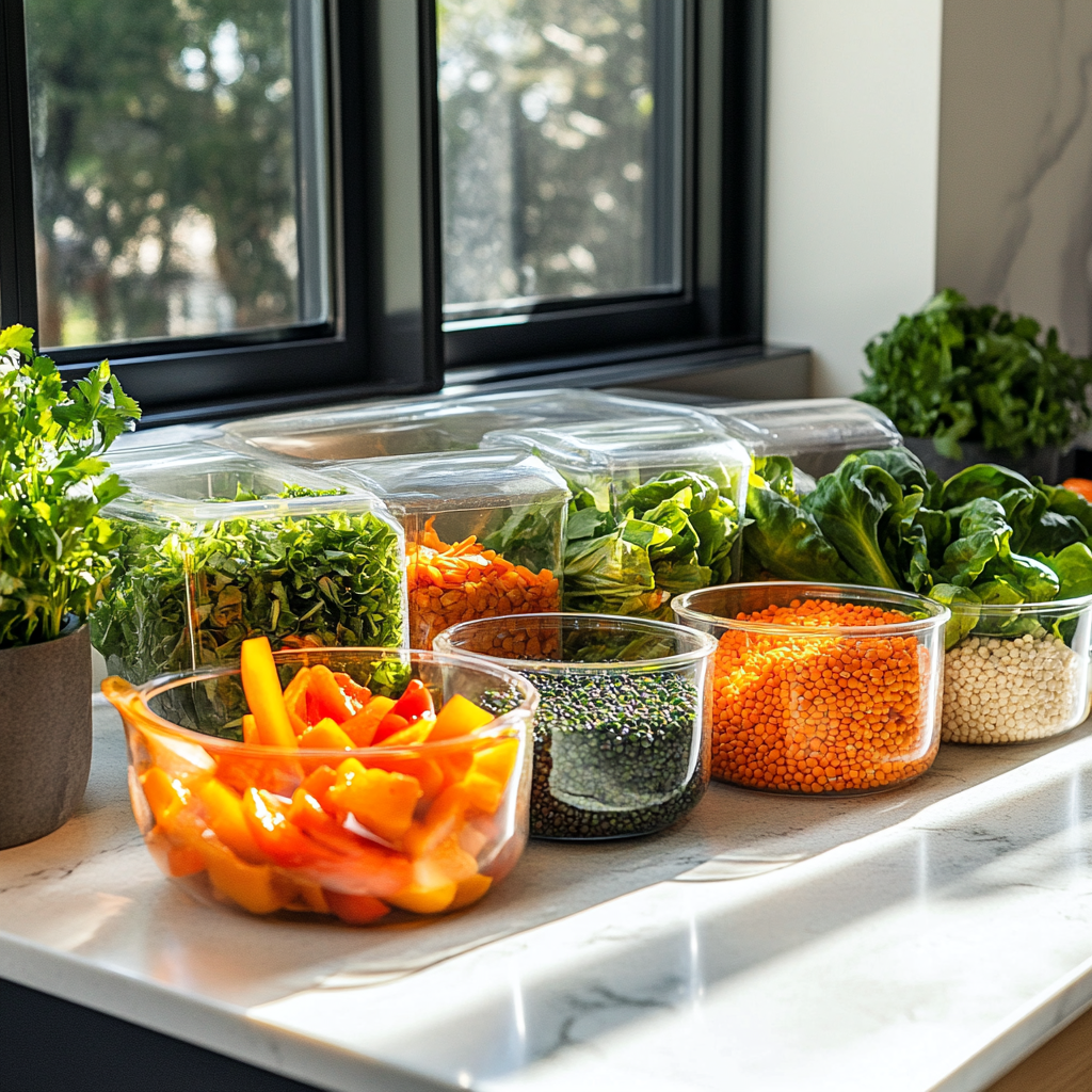 Organized vegetables and lentils preparation