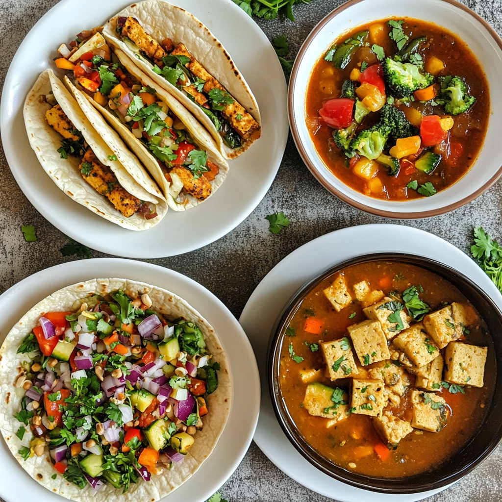 Colorful vegetarian tacos and soups