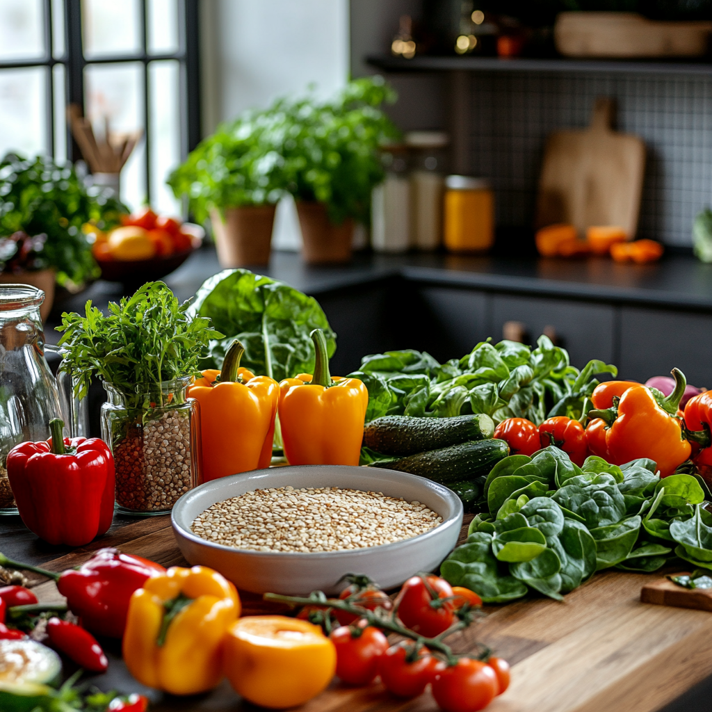 Fresh vegetables and grains displayed