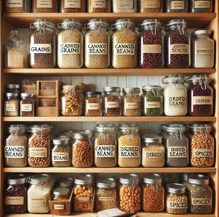 Organized pantry with labeled jars