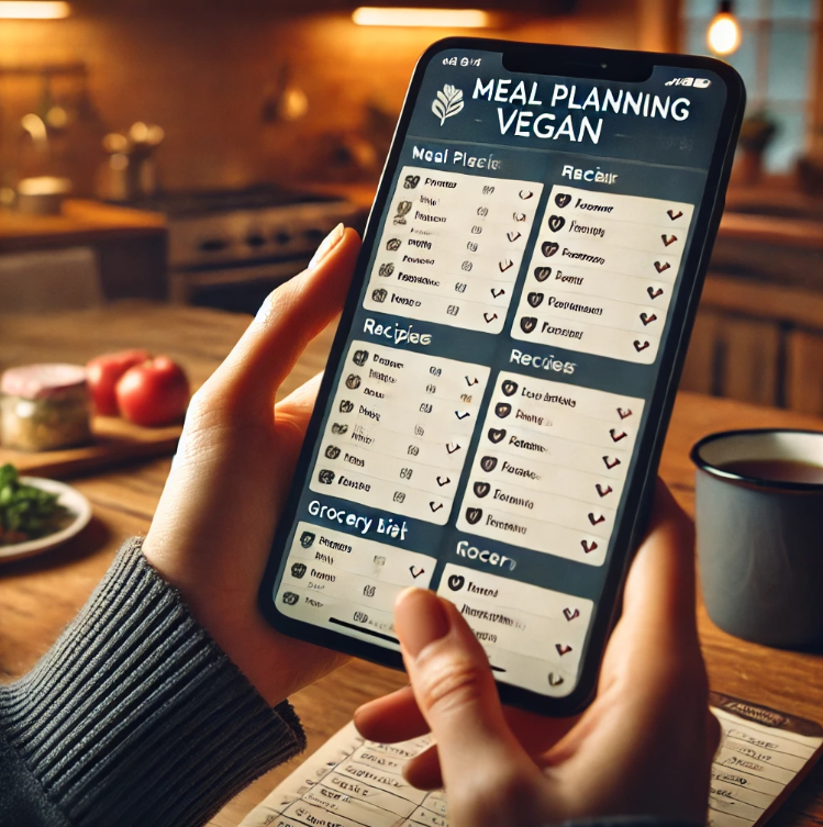 Vegan meal planning app displayed.