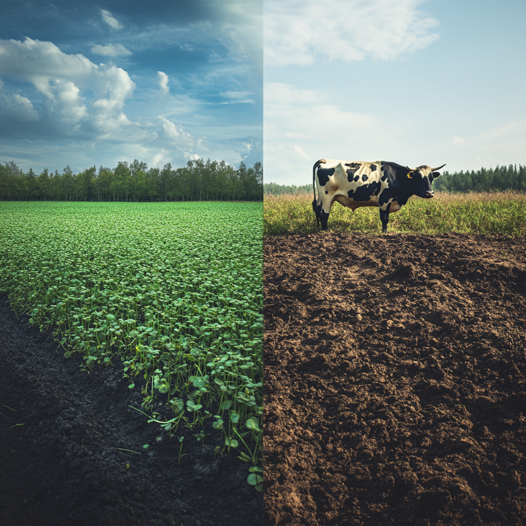 Field, cow, soil, nature.