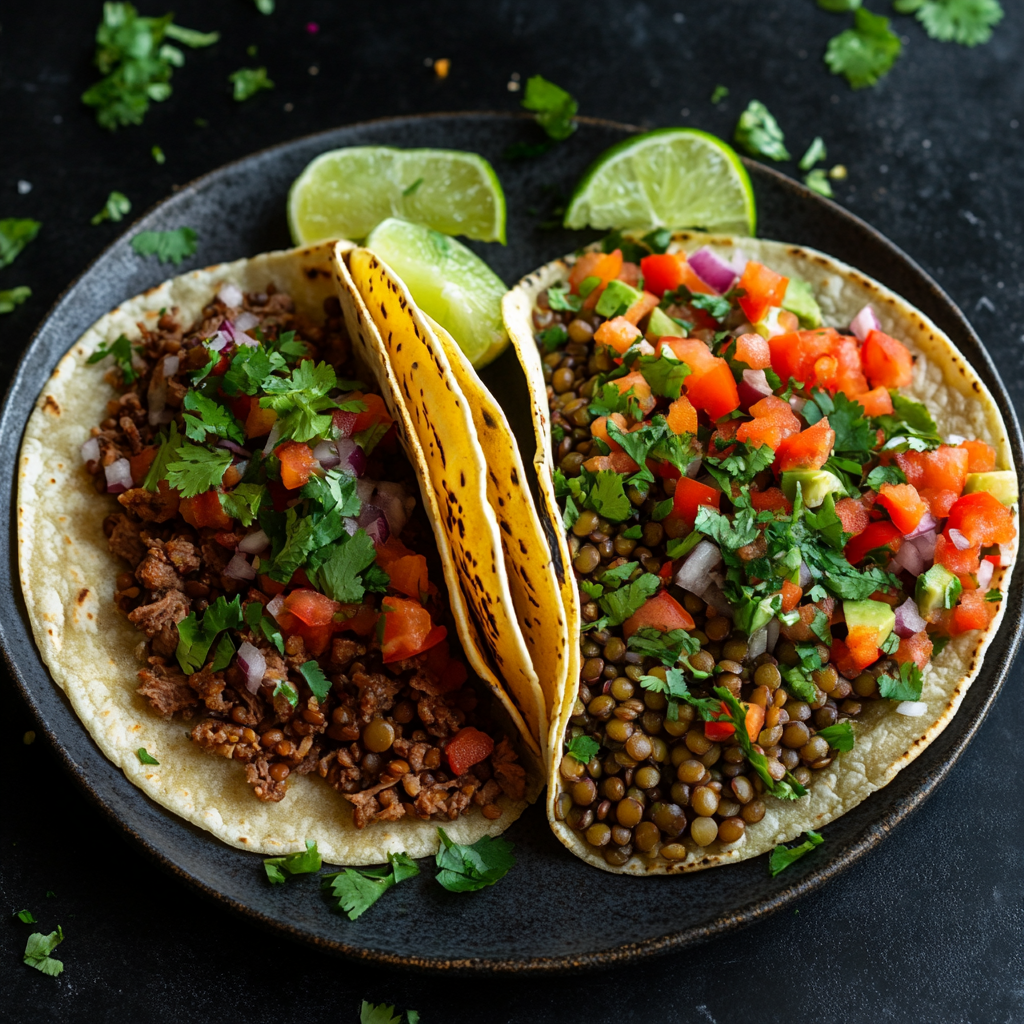 Tacos, lentils, vegetables, lime.