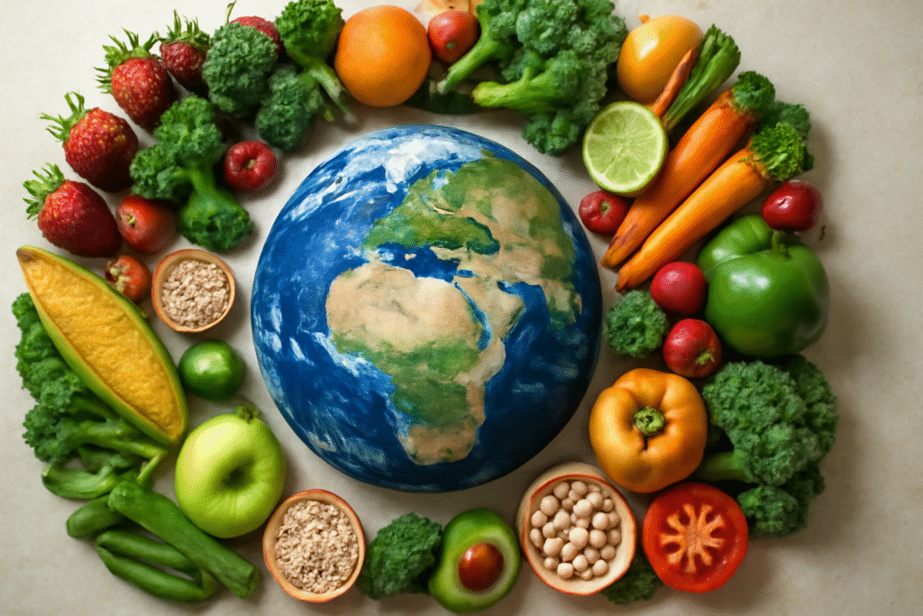 Earth surrounded by healthy food