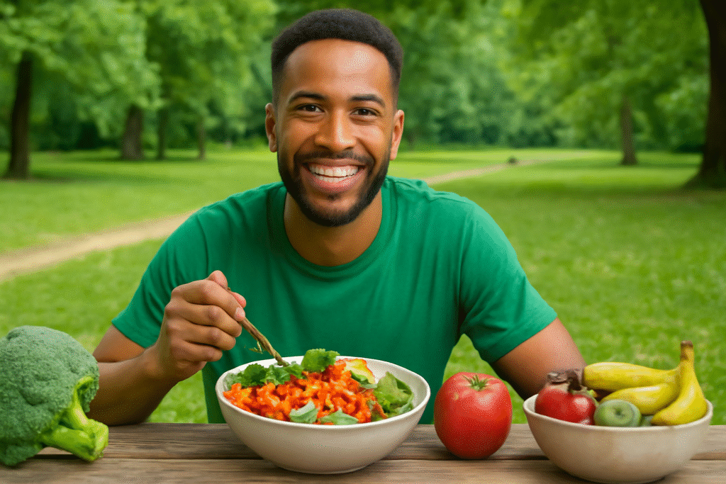 Man eating healthy outdoors