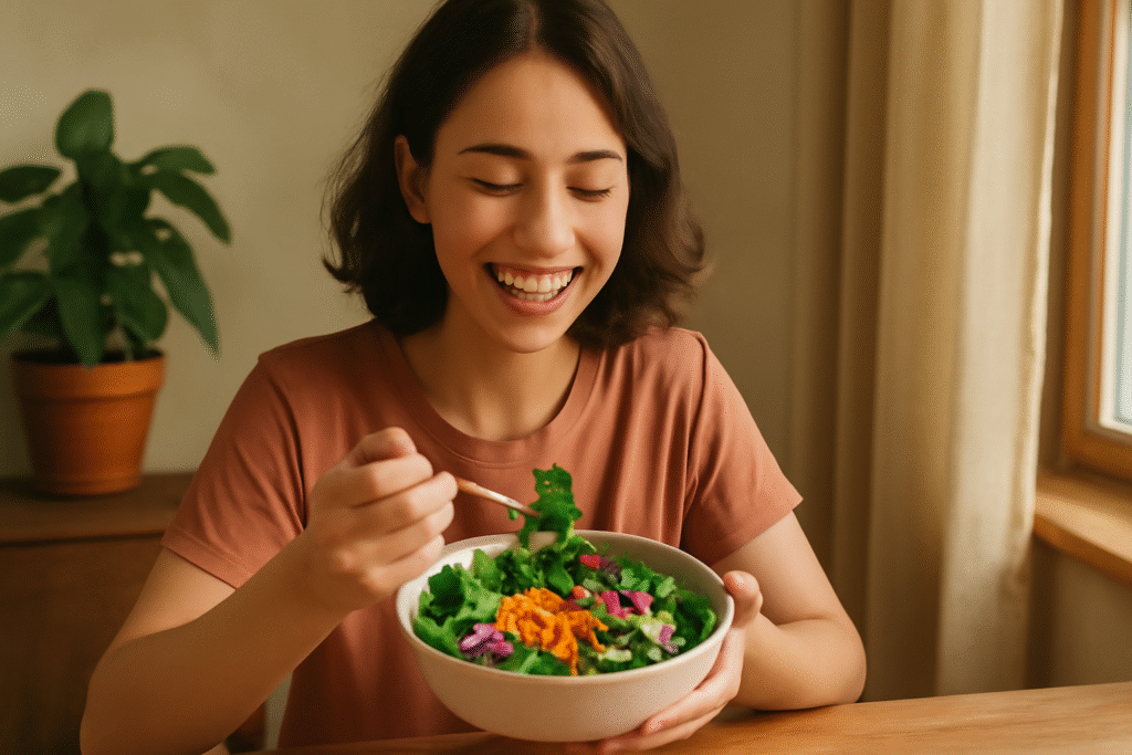 Happy woman eating salad