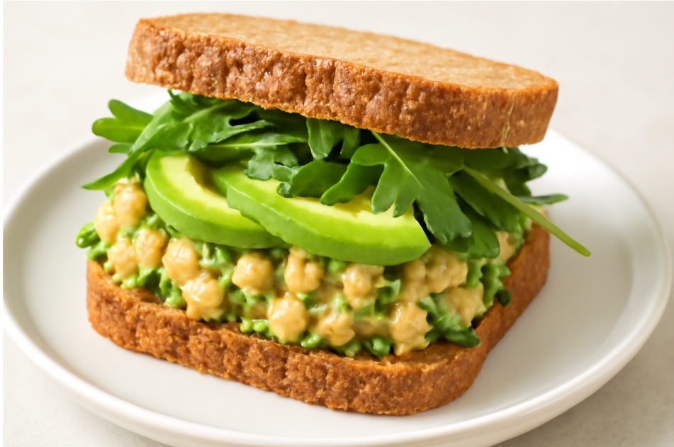 "Close-up of a chickpea salad sandwich with avocado, greens, and whole-grain bread, showcasing a fresh and healthy plant-based meal." 