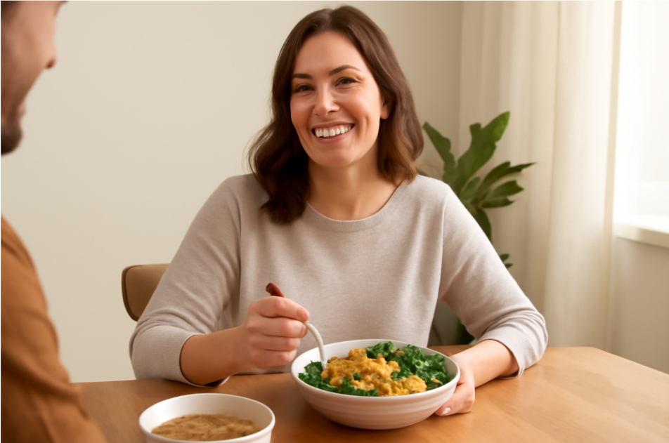 "Smiling woman enjoying a plant-based grain bowl with sweet potatoes, quinoa, and greens at a cozy dining table, capturing the warmth and togetherness of a healthy plant-based meal." 