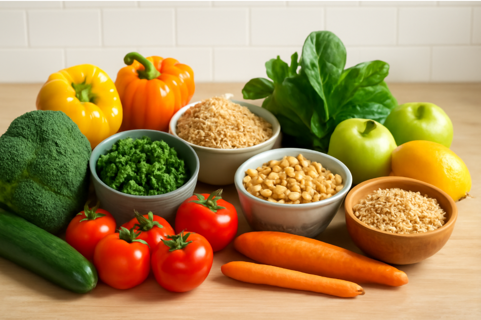 "A variety of fresh vegetables, legumes, whole grains, and fruits including broccoli, carrots, tomatoes, quinoa, and chickpeas arranged on a wooden kitchen countertop, showcasing the ingredients for quick vegan meals."