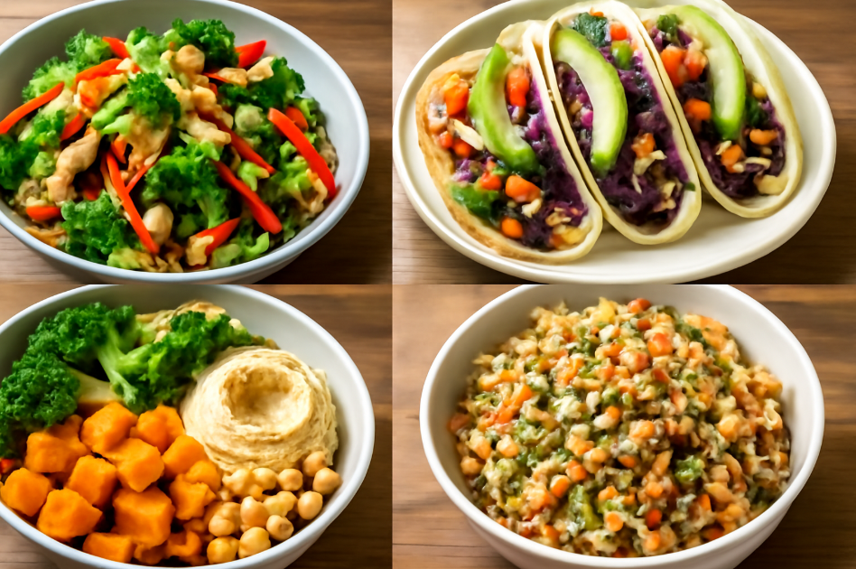 Collage of four colorful vegan dishes: a stir-fry with vegetables, vegan tacos with toppings, a Buddha bowl with quinoa, roasted sweet potatoes, and hummus, and vegetable fried rice, all served in ceramic bowls on a wooden table."