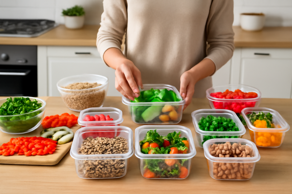 A clean and organized kitchen counter with a person meal prepping for the week. The counter is filled with containers of pre-chopped vegetables, grains, and pre-cooked meals, showcasing an efficient meal prep process.