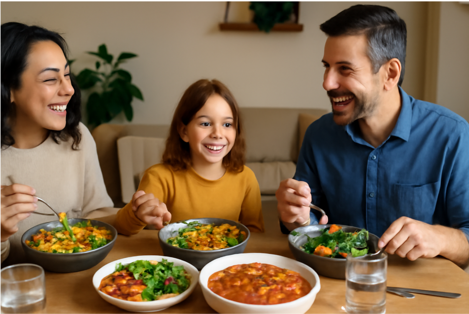 A family of three enjoying a healthy vegan meal at the dinner table. The table is filled with vibrant plant-based dishes, including quinoa salad, sautéed vegetables, and a hearty stew, with everyone smiling and sharing the meal."