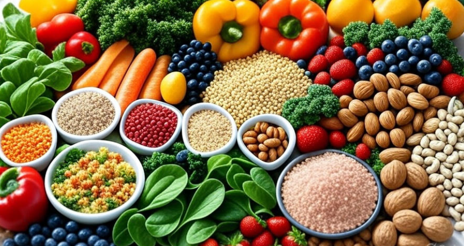 Vibrant flat-lay of fresh plant-based foods including leafy greens, colorful vegetables like carrots and bell peppers, assorted grains, juicy fruits such as berries and grapes, and a variety of nuts, arranged in a visually appealing way with a bright and natural look, perfect for healthy eating and vegan recipes,