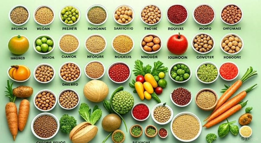 Infographic of a vegan diet featuring clear icons of plant-based foods including fruits, colorful vegetables, grains, legumes, nuts, and seeds, all neatly labeled for easy understanding, ideal for healthy eating and plant-based lifestyle guides."