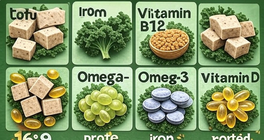 "Visual graphic of key vegan nutrients (protein, iron, vitamin B12, calcium, omega-3, vitamin D) with corresponding images of plant-based foods like tofu, lentils, kale, chia seeds, and fortified plant milk, perfect for vegan nutrition guides and healthy eating resources.
