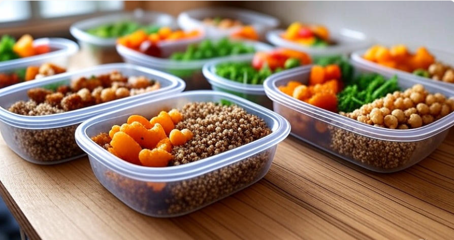 Aesthetically pleasing shot of meal prep containers filled with colorful plant-based ingredients like quinoa, roasted vegetables, chickpeas, and leafy greens, neatly arranged on a kitchen counter, ideal for vegan meal planning and healthy eating tips,