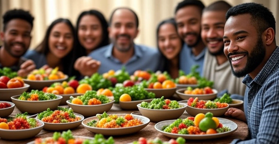 A diverse group of people happily enjoying a colorful vegan meal together at a dinner table, symbolizing community and shared celebration of the vegan lifestyle, perfect for plant-based living and social dining inspiration