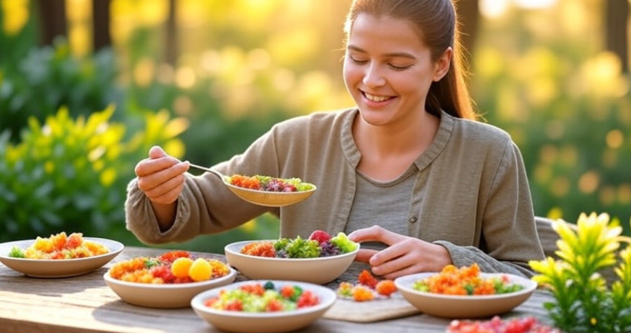 "Peaceful outdoor scene of a person enjoying a colorful vegan meal with a motivational quote on consistency and progress in the vegan lifestyle overlaid, perfect for plant-based living inspiration and healthy eating blogs,
