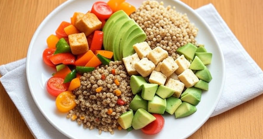 Perfectly balanced vegan meal plate featuring tofu, quinoa, avocado, and colorful vegetables (tomatoes, bell peppers, and cucumbers), neatly arranged on a white plate, representing a healthy plant-based diet