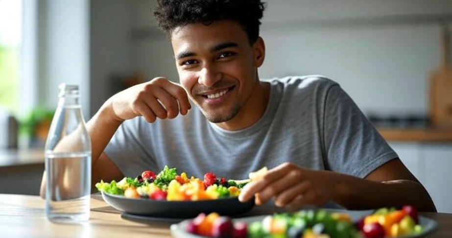 Person sitting at a table enjoying a colorful, healthy vegan meal with fresh fruits, vegetables, and a water bottle, emphasizing hydration and wellness, captured in a bright kitchen setting,