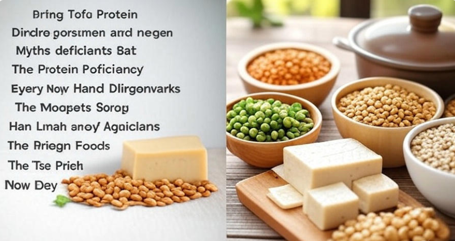 Split image debunking vegan myths: left side with text highlighting the myth of 'protein deficiency' in a vegan diet, right side showcasing protein-rich vegan foods like tofu, lentils, and quinoa in bowls,