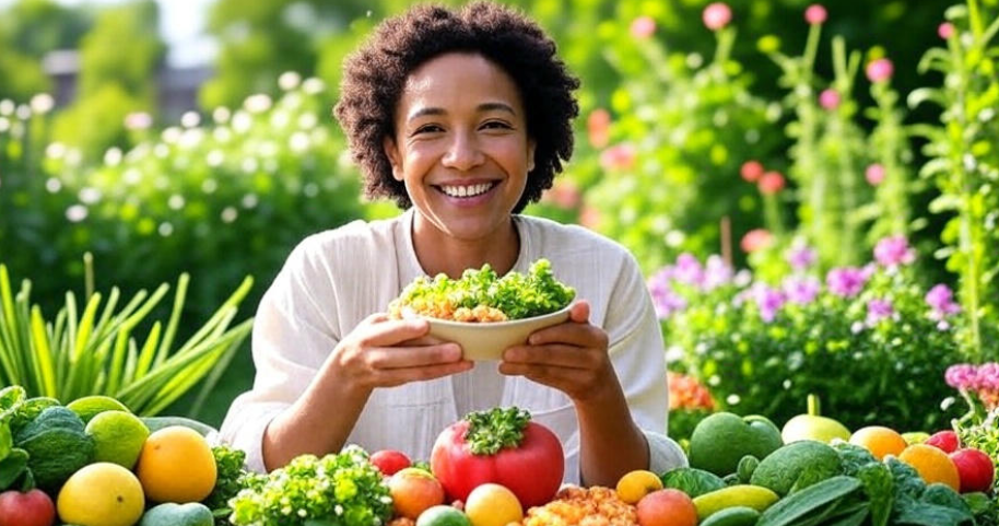 Joyful person holding a vibrant plant-based meal in one hand, surrounded by fresh fruits, vegetables, and lush nature, symbolizing a balanced and healthy vegan lifestyle,