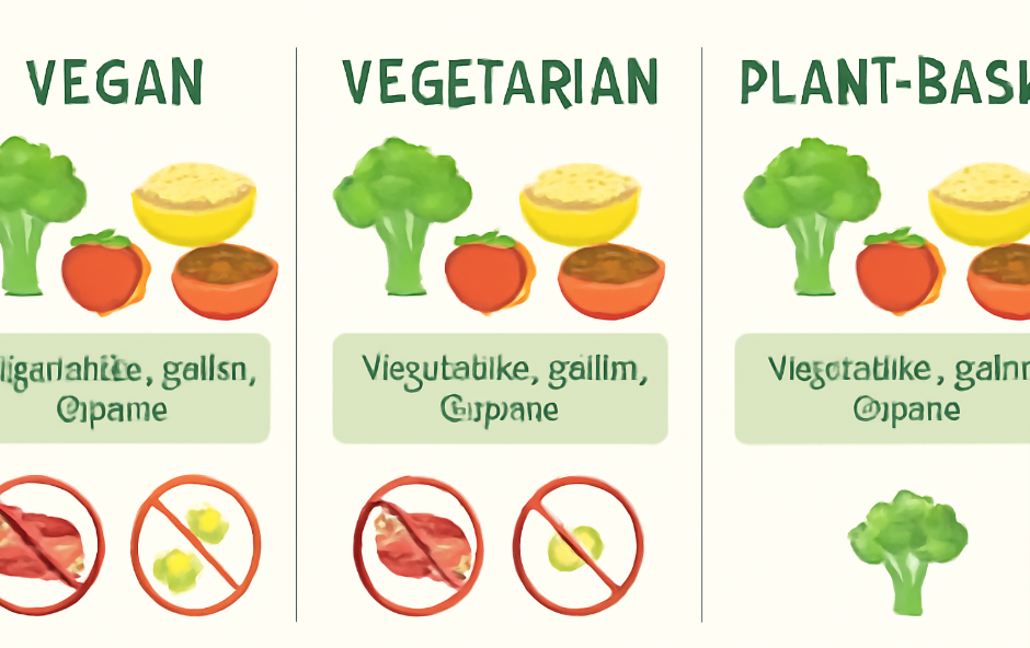 "Infographic comparing vegan, vegetarian, and plant-based diets, highlighting allowed foods like vegetables, grains, and legumes, and excluding meat, dairy, and eggs."
