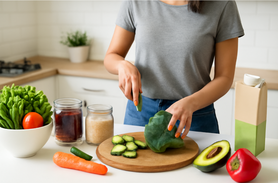 Person chopping vegetables in a bright kitchen with pantry items like quinoa, beans, and plant-based milk, preparing a fresh vegan meal.
