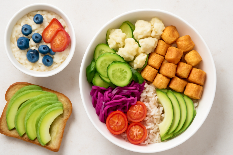 "Flat-lay image of simple and vibrant vegan dishes: avocado toast, overnight oats with blueberries, and a colorful Buddha bowl with grains, vegetables, and tofu."