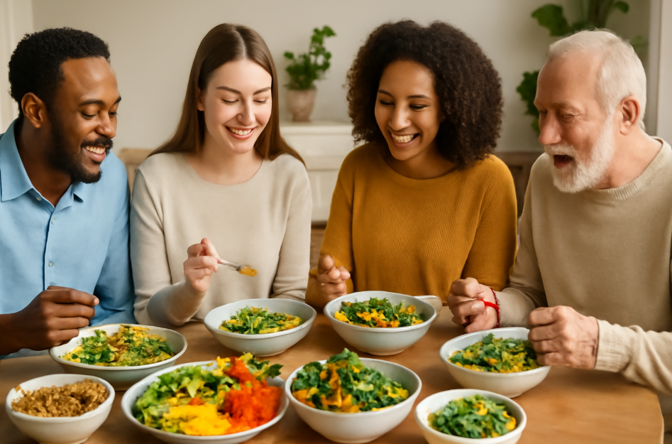 "Diverse group of people enjoying a vegan meal around a dining table filled with vibrant, plant-based dishes, creating a warm and welcoming atmosphere."