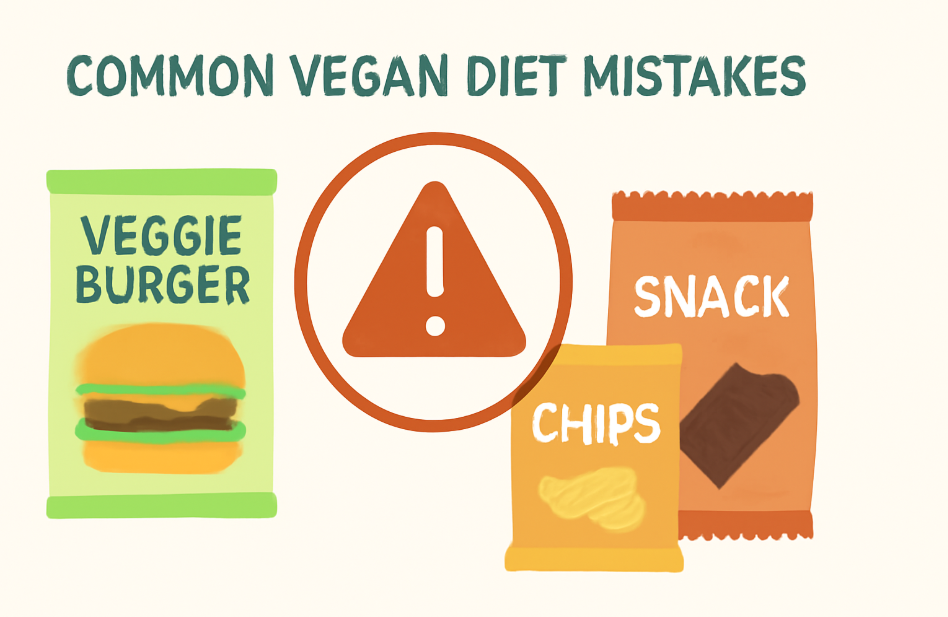 "Infographic illustrating common vegan diet mistakes with packaged vegan products like veggie burgers, chips, and sugary snacks, marked with a red warning symbol, emphasizing the importance of whole, unprocessed foods."