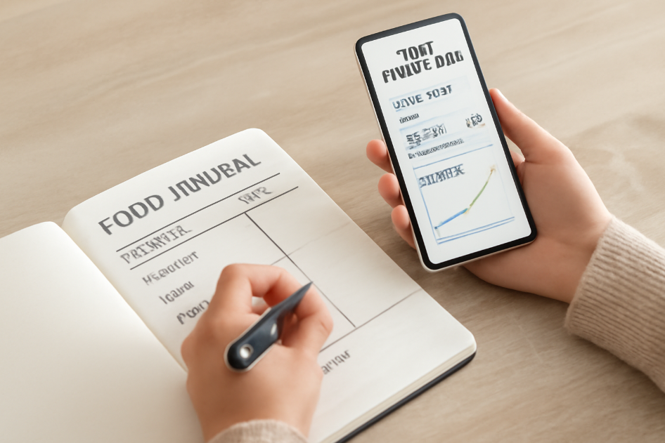 "Person writing in a food journal and using a diet tracking app on their phone, displaying meal plans and health progress like energy levels and mood logs."