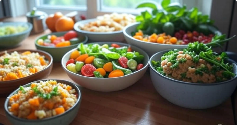 Vibrant vegan meal spread on a wooden countertop with fresh vegetables, grains, and plant-based patties, creating a warm and inviting scene for a plant-based journey."