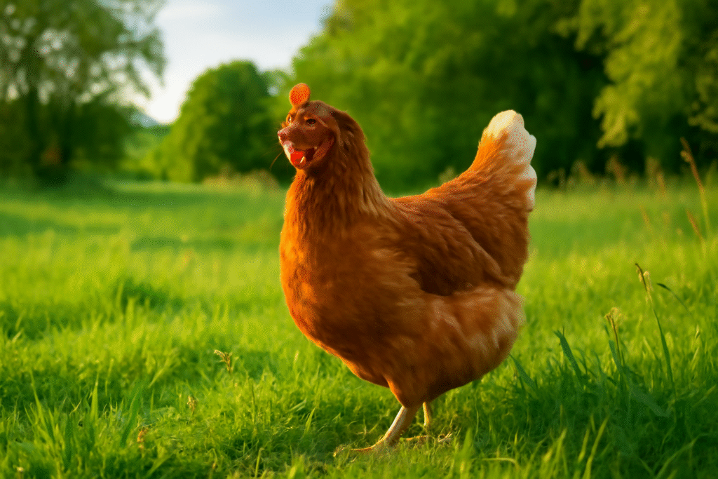 Chicken in lush meadow