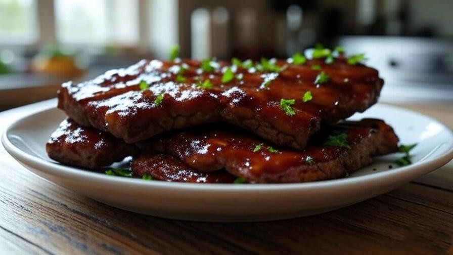 Grilled seitan ribs with BBQ sauce glaze on a wooden table, plant-based alternative to beef plate ribs.