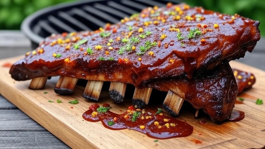Close-up of plant-based turkey ribs marinated with smoky BBQ sauce on a wooden board, outdoor BBQ setting