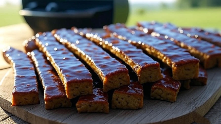Close-up of glazed plant-based seitan ribs on a wooden table with pellet grill background