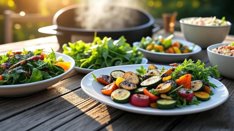 Vibrant plant-based BBQ dishes including garden salad, grilled veggies, and vegan coleslaw at Rib City