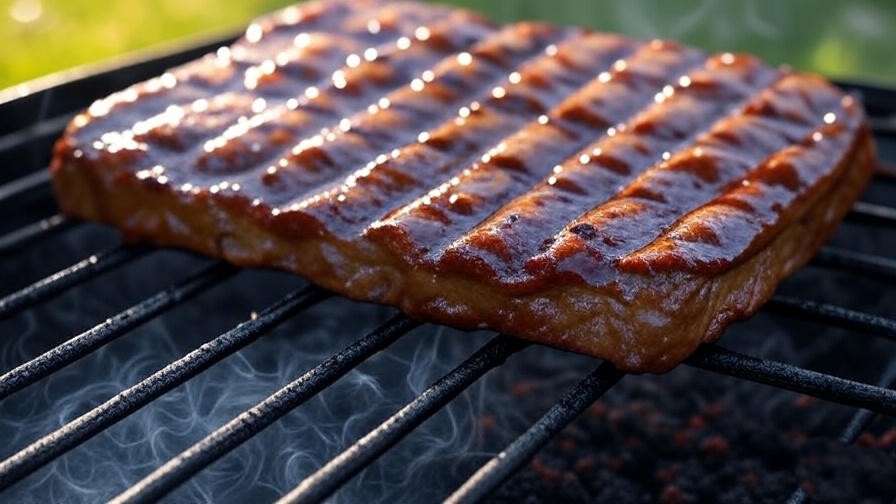 Close-up of grilled plant-based seitan dino ribs with BBQ sauce, smoky outdoor setting